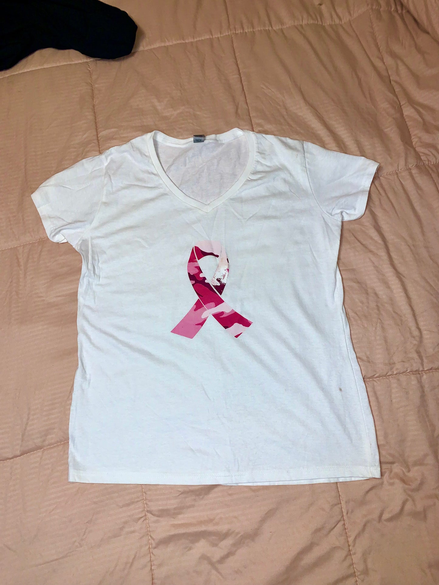 White T-Shirt with Pink Camo Breast Cancer Awareness Symbol