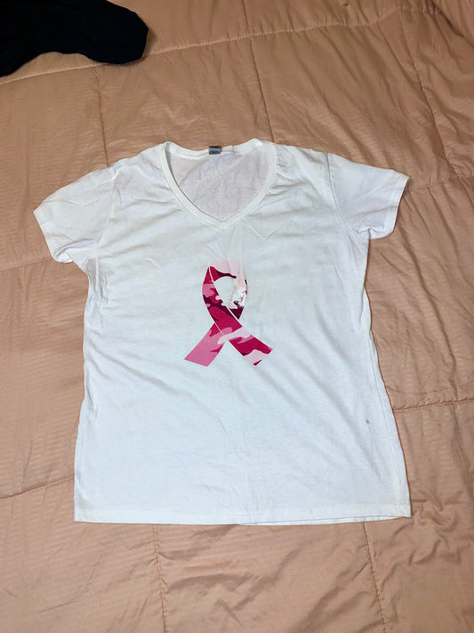White T-Shirt with Pink Camo Breast Cancer Awareness Symbol