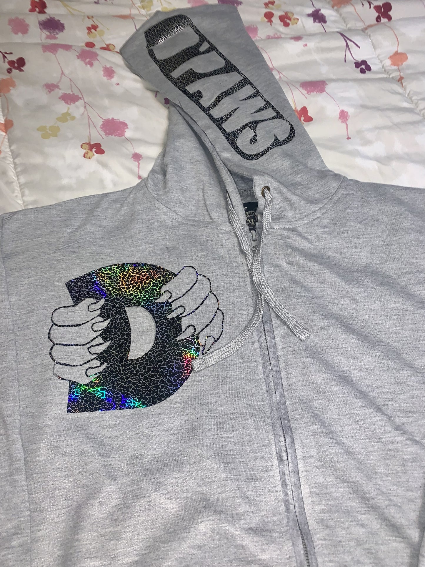 Adult Sized Gray Zip-Up Hoodie with Holographic Logo
