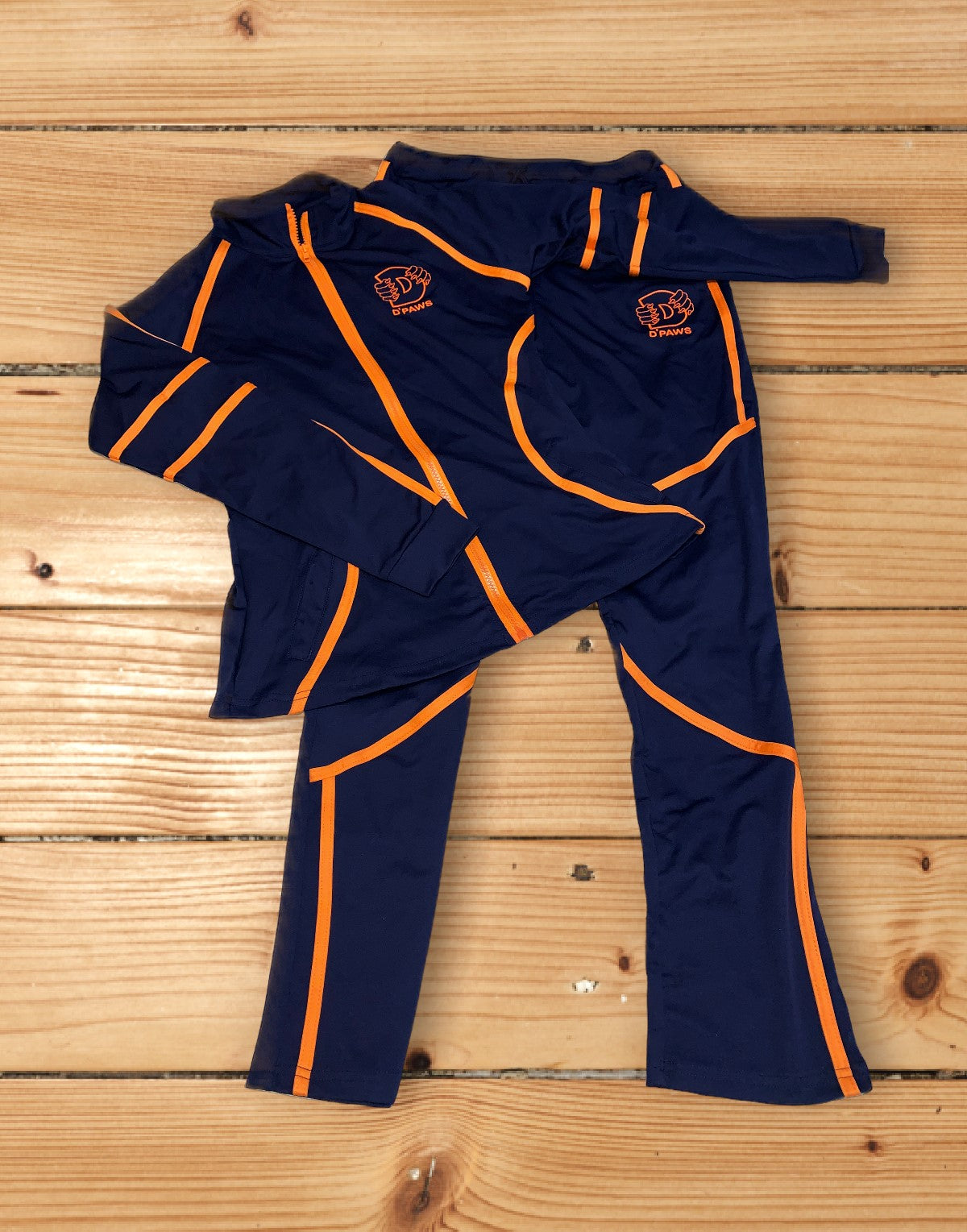 Ladie's Navy Blue Sports Suit with Orange Stripes and Embroidery