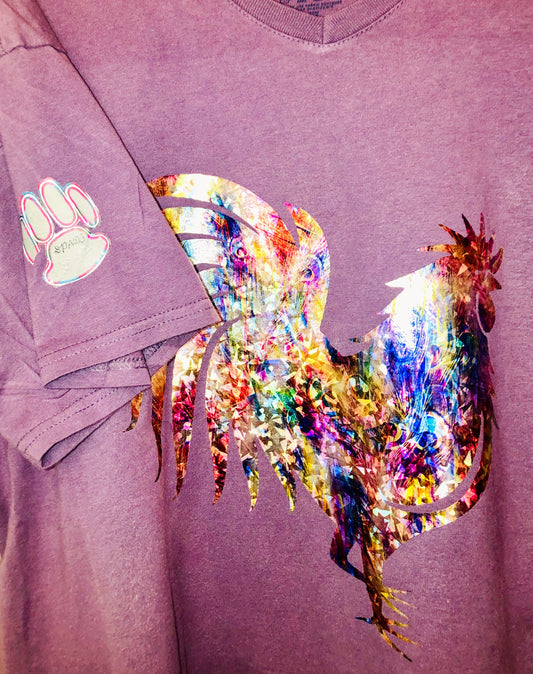 Lavendar T-Shirt with Multicolored Rooster in Shiny Foil Vinyl