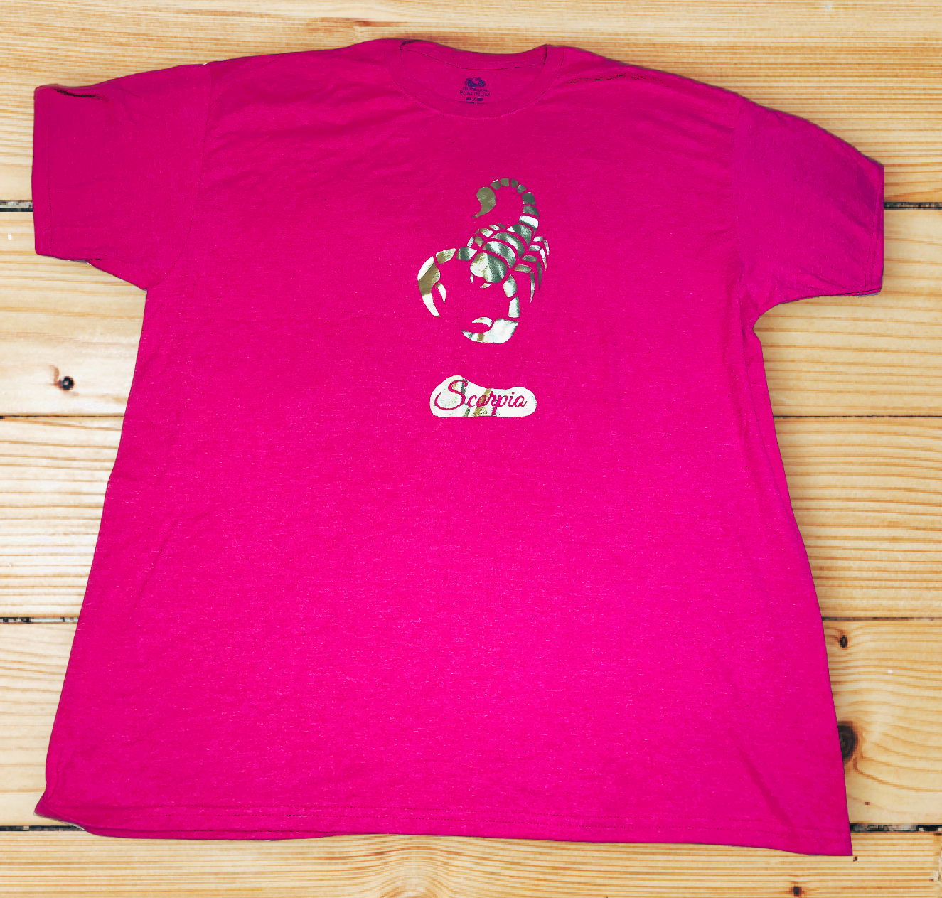 Adult Sized, Hot Pink, Short-Sleeved T-Shirt with Scorpio Zodiac Symbol in Gold
