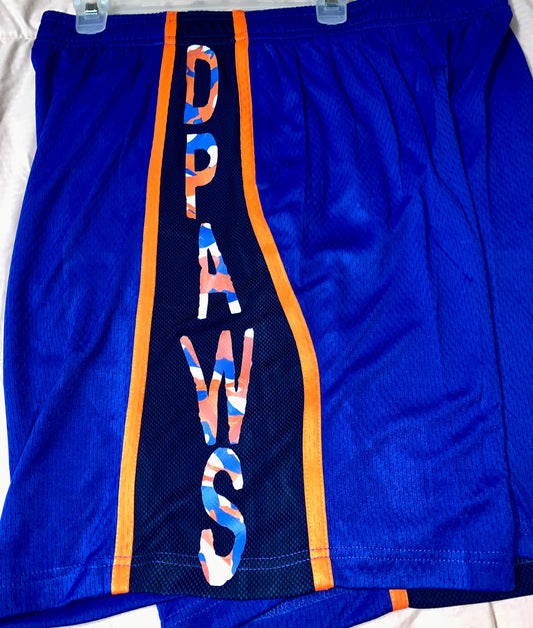 BLUE BASKETBALL SHORTS WITH ORANGE STRIPES