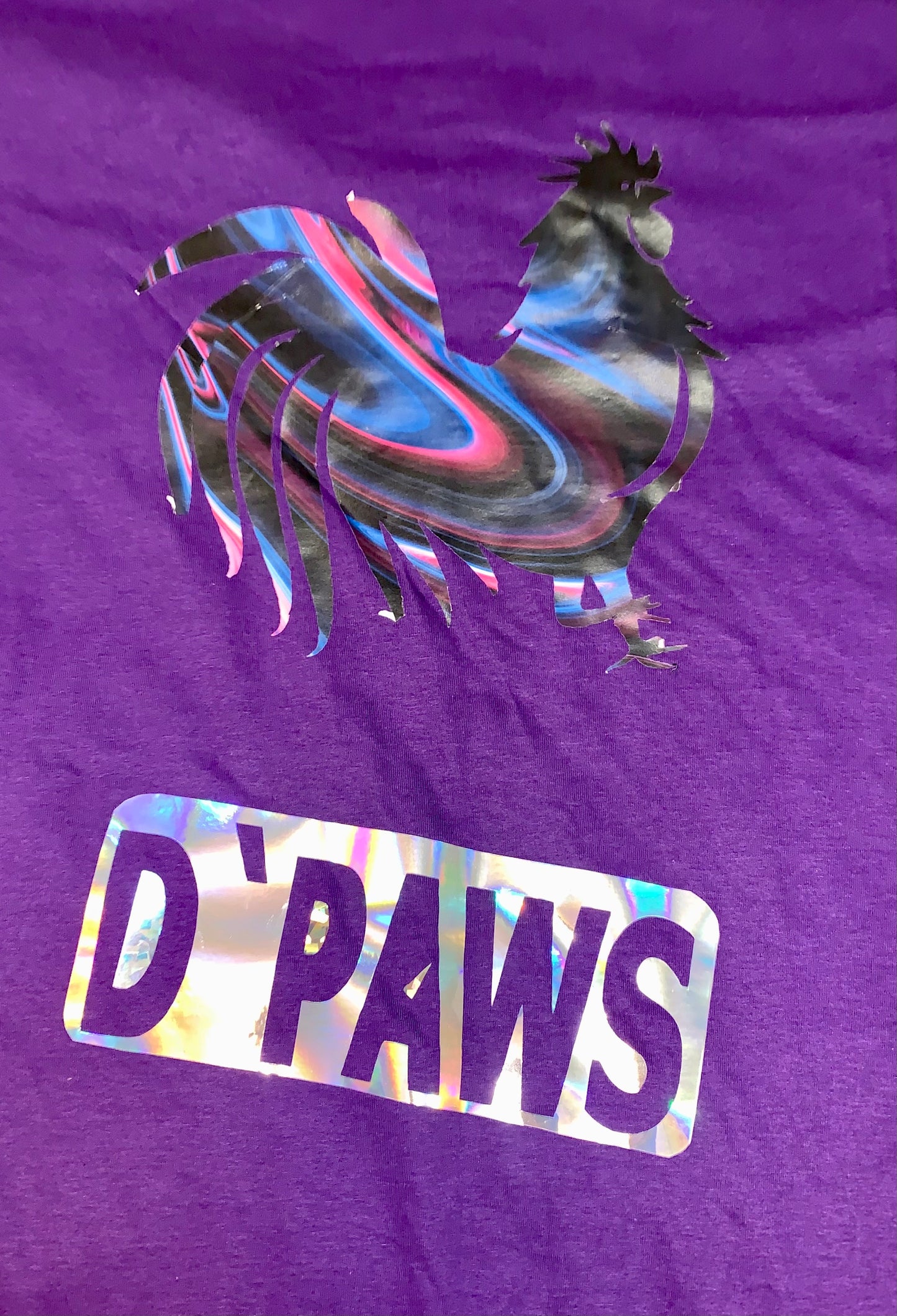 Multicolored Rooster on Purple T-shirt
