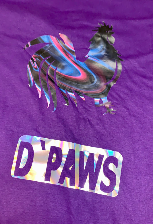 Multicolored Rooster on Purple T-shirt