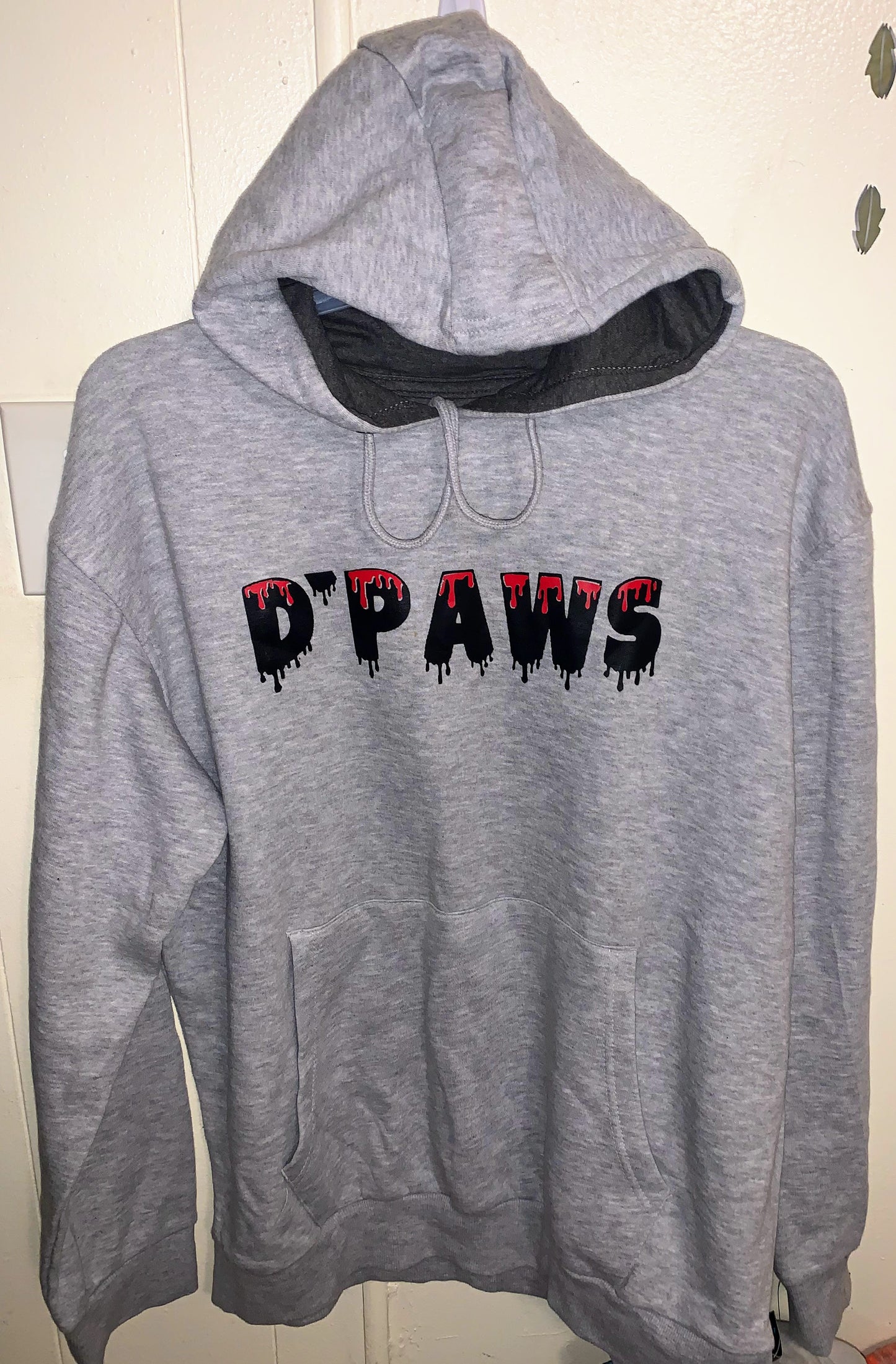 Gray Hoodie with Black and Red Drip Design